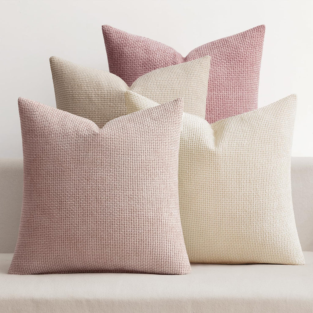 MIULEE Pack of 4 Couch Throw Pillow Covers 18x18 Inch Neutral Soft Decorative Chenille Pillow Covers Farmhouse Boho Cushion Covers for Mid Century Modern Spring Home Decor Sofa Bedroom Living Room